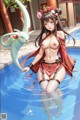 A woman in a red and black outfit is standing in a pool with a white rabbit.