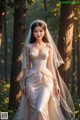 A woman in a wedding dress standing in the woods.